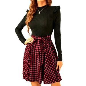 HOUNDSTOOTH 2 IN 1 FRILL TRIMED BELTED FLARE DRESS